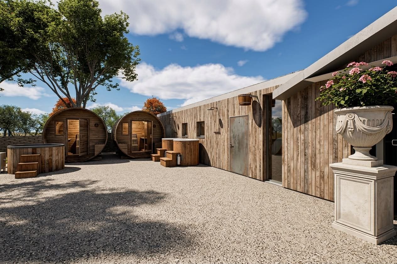Barrel saunas in the outdoor wellness courtyard at Breeze