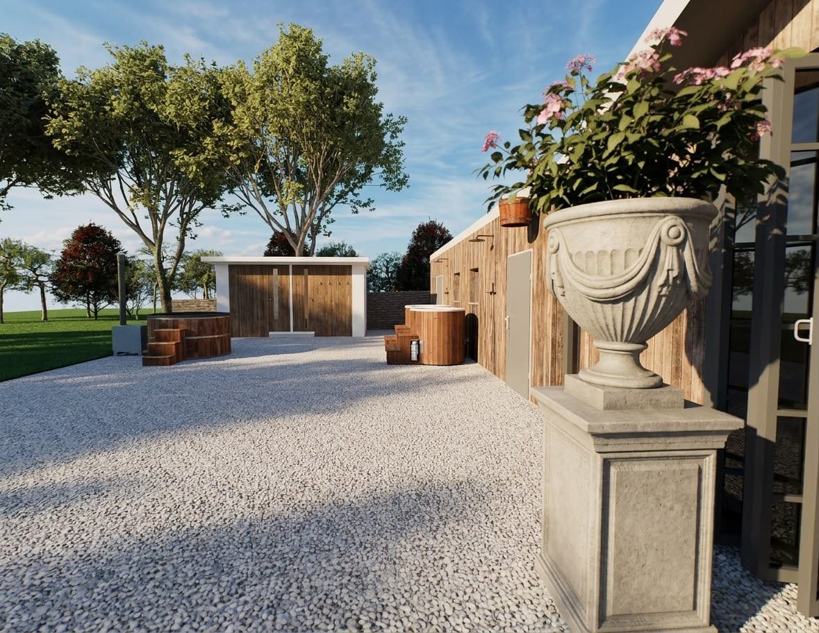 Cold plunge and hot tubs in the outdoor spa at Breeze