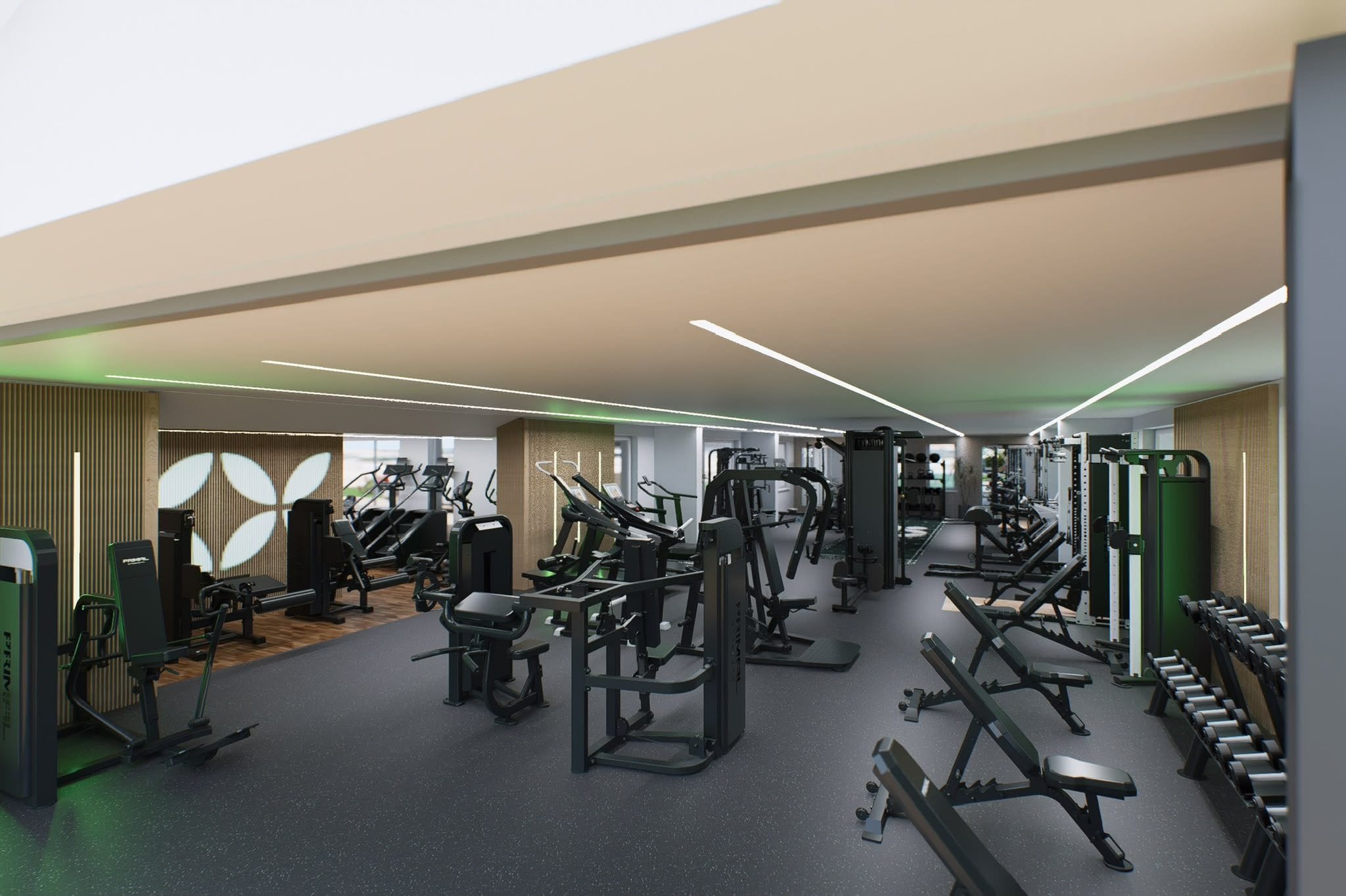 The Breeze strength floor with rows of stations and green accent lighting